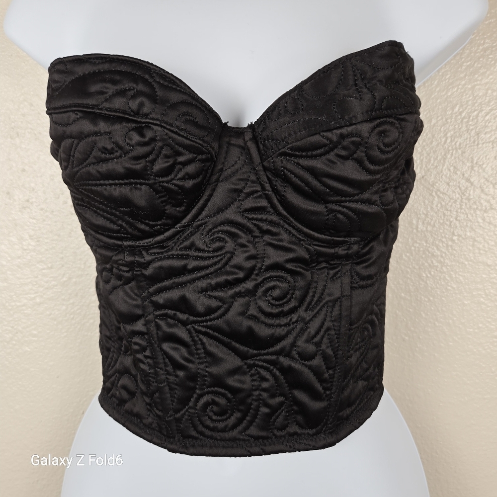 Zara Black Quilted Satin Bustier Corset Top Hook-and-Eye Back Size Medium‎ Brand